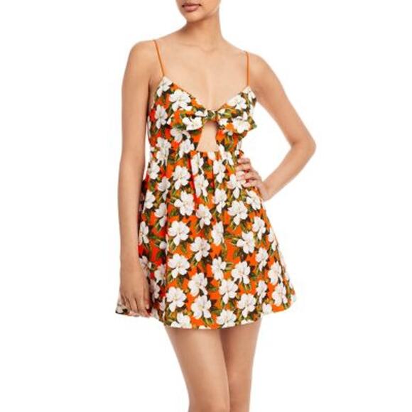 Alice + Olivia Ladies Basic Melvina Tie Front Babydoll Dress, Orange Floral, 4